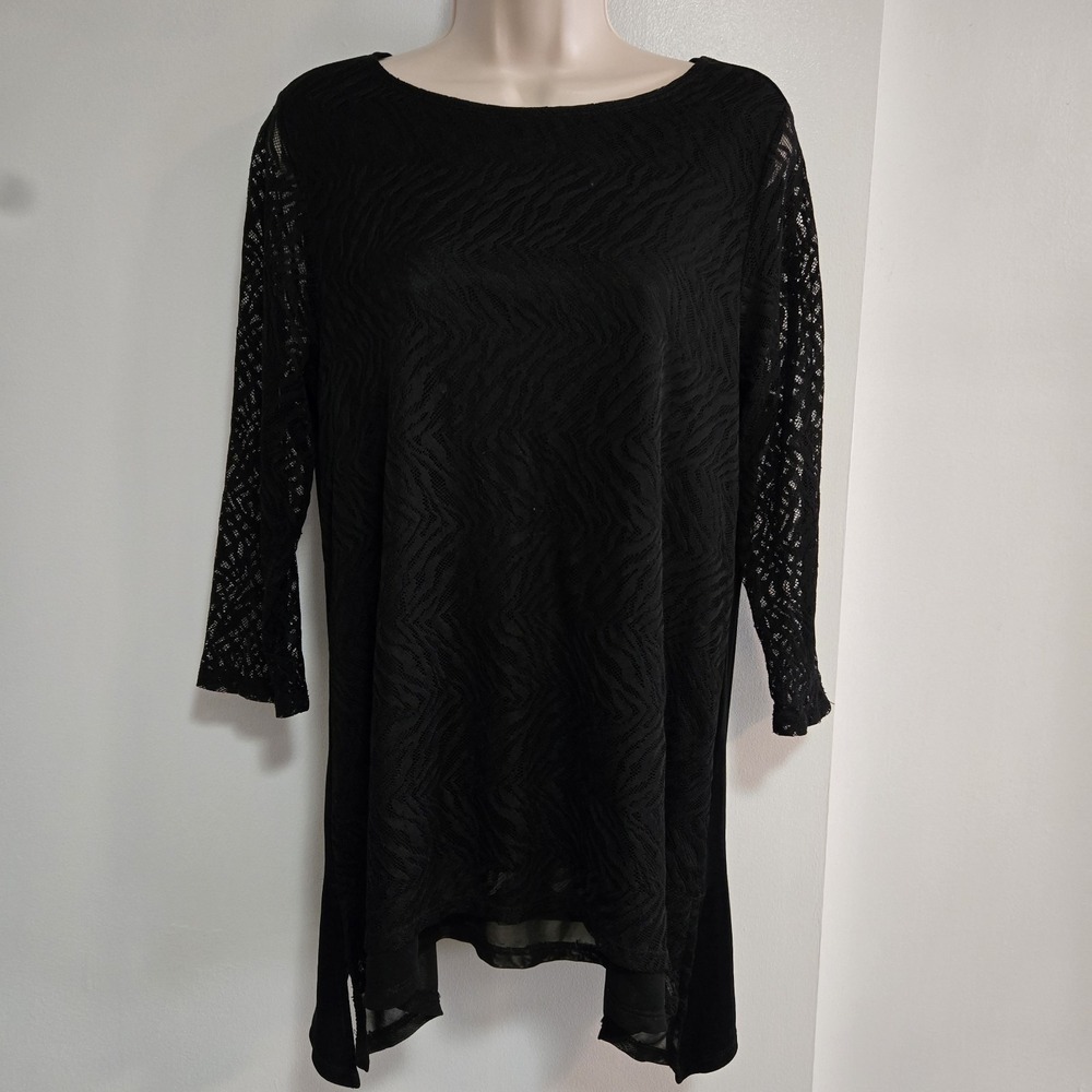 Chico's Travelers Size 2 (L) Black Lace-Overlay Tunic Sweater Evening Cruise Fun
